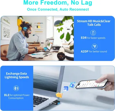 Communicates multiple technical benefits of the Bluetooth product including connectivity stability, audio quality, speed, and power efficiency to reassure shoppers of comprehensive performance.