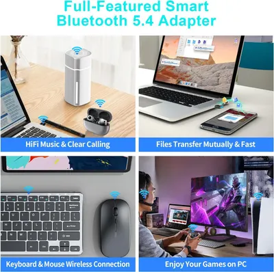 Demonstrates the versatility of the Bluetooth 5.4 adapter by showing four distinct use scenarios—audio streaming, file transfer, wireless peripherals, and gaming—to reassure shoppers that the…