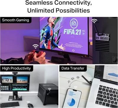 Demonstrates the product's versatility by showing multiple use cases—smooth gaming, high productivity work, and seamless data transfer—to communicate that it provides reliable connectivity across…