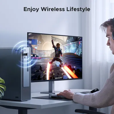 Communicates the wireless connectivity benefit of the product, showing a clean, cable-free gaming setup that enables a modern lifestyle.