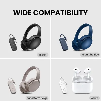 Demonstrates that the product works with various headphone types and styles, reassuring shoppers that the adapter/transmitter is universally compatible with their existing audio devices. Showcases…