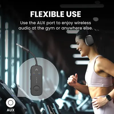 Demonstrates the product's flexible use cases, showing how the AUX port enables wireless audio enjoyment at the gym or in any environment. Highlights the versatility benefit of using the AUX port…
