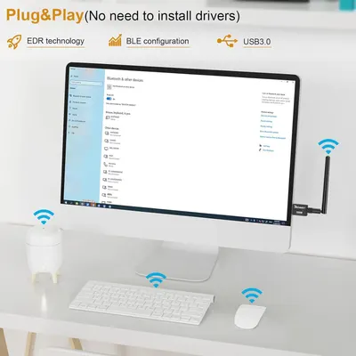 Communicates multiple technical benefits of the wireless adapter, emphasizing ease of setup with no driver installation required and highlighting key technical specifications to reassure shoppers of…