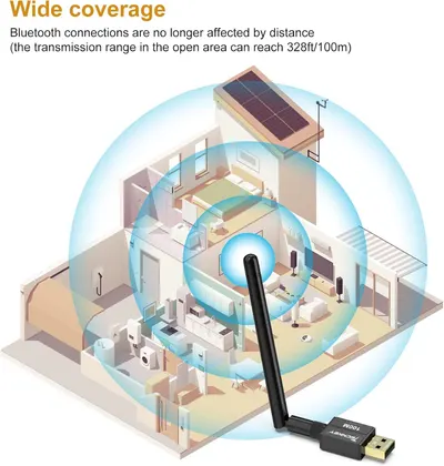 Communicates the impressive 328ft/100m Bluetooth transmission range to reassure shoppers that the product maintains strong connectivity across long distances and through walls. Demonstrates the wide…