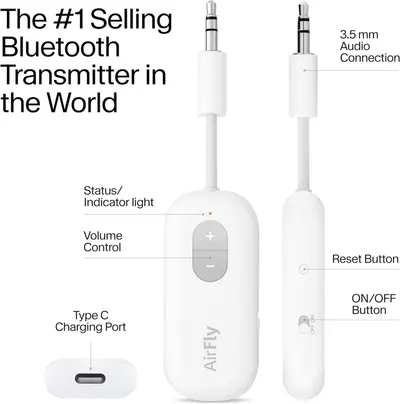 This image breaks down the physical components and controls of the Bluetooth transmitter, helping shoppers understand what each part does and how to operate the device.