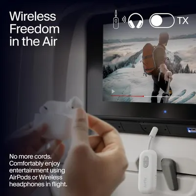 Communicates that the product enables wireless freedom for in-flight entertainment, allowing passengers to use AirPods or wireless headphones without cords for comfortable viewing.