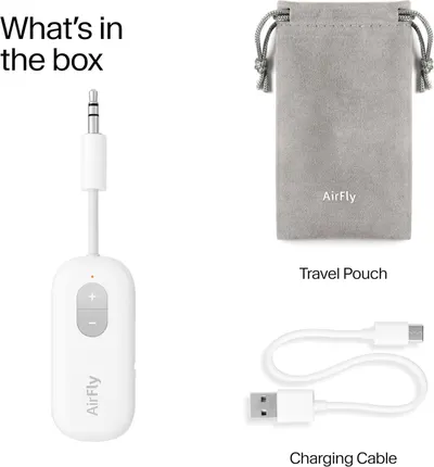 Shows the customer everything included with their purchase: the main AirFly device, a travel pouch for portability, and a charging cable for convenience.