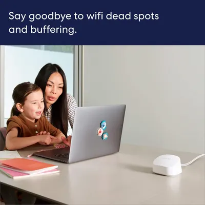 Communicates that the product solves connectivity problems by eliminating WiFi dead spots and buffering, showing a real-world home use scenario with a parent and child using a laptop smoothly.
