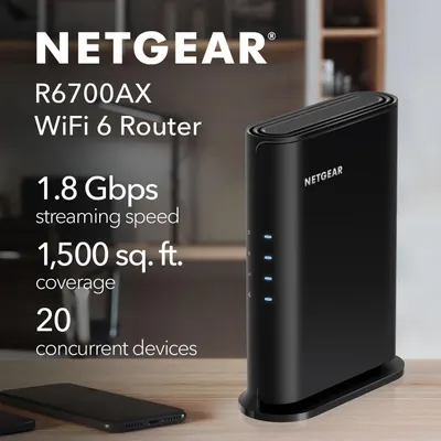 Communicates multiple key performance specifications of the WiFi 6 router to help shoppers understand its speed, coverage area, and device capacity.
