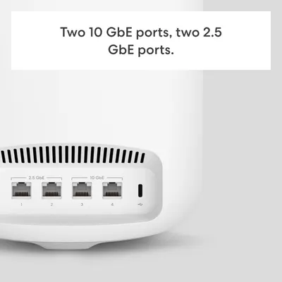 Highlights the specific port configuration of the device, showing two 10 GbE ports and two 2.5 GbE ports to communicate the networking capabilities and connectivity options to potential buyers.