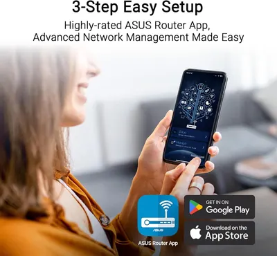 Communicates that the router can be set up easily in 3 steps using the ASUS Router App, reassuring shoppers that advanced network management is simple and accessible via mobile app. Highlights the…