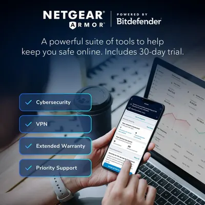 Communicates the comprehensive suite of security and support features included with NETGEAR Armor powered by Bitdefender, emphasizing multiple value-added benefits to reassure shoppers about online…