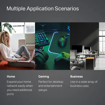 Demonstrates the product's versatility by showing three distinct use cases: home networking, gaming/entertainment setups, and business environments, reassuring shoppers that the product works across…