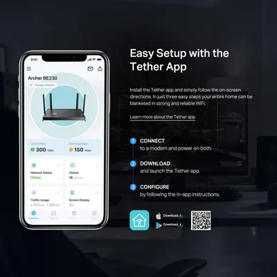 Demonstrates the simple three-step process for setting up the router using the Tether app, reassuring shoppers that installation is quick and straightforward. Highlights the ease of setup as a key…