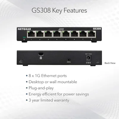 Communicates multiple key features and benefits of the NETGEAR GS308 network switch to help shoppers understand its capabilities, installation flexibility, ease of use, efficiency, and warranty…