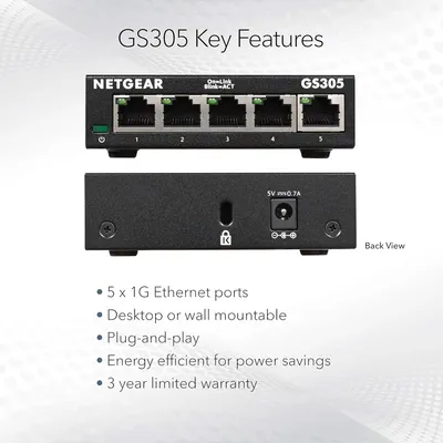 Communicates multiple key selling benefits of the GS305 network switch in a structured list format, helping shoppers quickly understand the product's capabilities and value proposition.