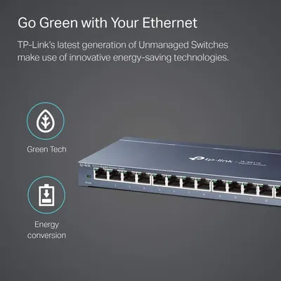 Communicates that the TP-Link Ethernet switch uses innovative energy-saving technologies through two distinct environmental benefits: green tech and energy conversion.