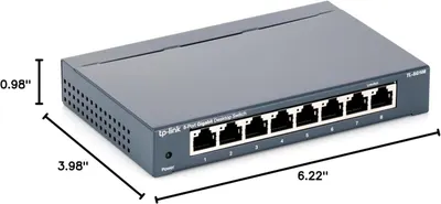 Communicates the physical dimensions of the network switch to help shoppers understand its compact desktop size and ensure it fits their workspace.