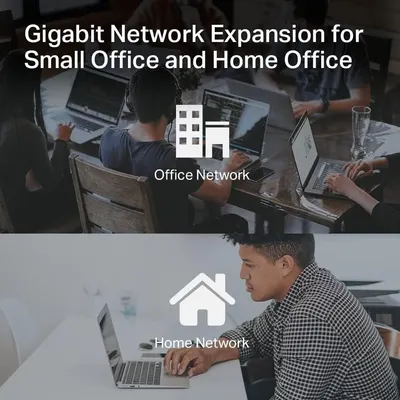 Demonstrates the product's versatility by showing two distinct use cases: expanding network capabilities in small office environments and home office settings.