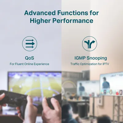 Communicates two distinct advanced technical features that enhance performance—QoS for smooth online streaming and IGMP Snooping for optimized IPTV traffic—to reassure tech-savvy shoppers of…