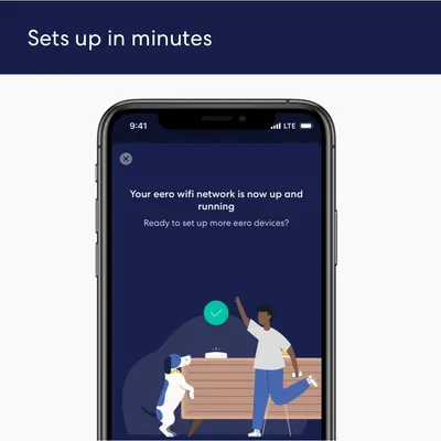 Demonstrates that the eero wifi network can be set up quickly and easily in just minutes, reassuring shoppers that installation is simple and hassle-free. Communicates the key benefit of quick and…