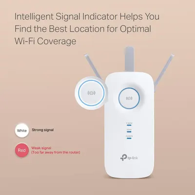 Communicates that the product features an intelligent signal indicator that helps users find the best location for optimal Wi-Fi coverage by showing signal strength through color-coded lights.