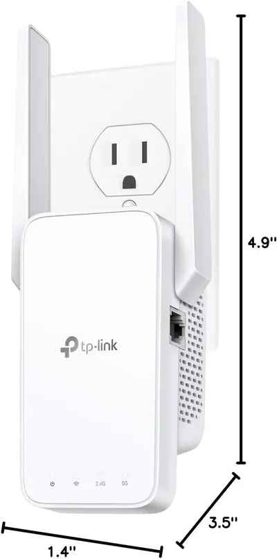 Communicates the physical size of the WiFi extender with exact measurements to help shoppers understand how much space it will occupy when plugged into an outlet.