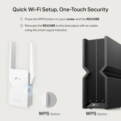 Instructs shoppers on how to easily set up the Wi-Fi extender using the WPS button for quick, secure connection with their router. Highlights the product's ease of installation and one-touch…