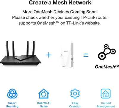 Communicates the multiple benefits of creating a OneMesh network with TP-Link devices, including smart roaming, unified Wi-Fi naming, easy setup, and centralized management to reassure shoppers…