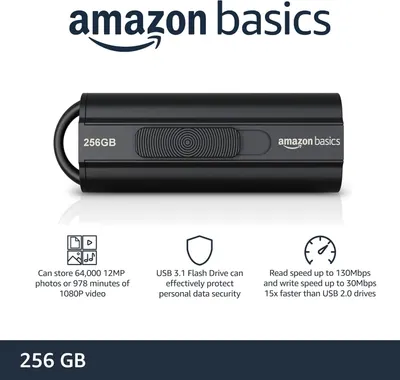 Communicates multiple key benefits of the USB flash drive including large storage capacity, security features, and fast transfer speeds to help shoppers understand the product's comprehensive value…