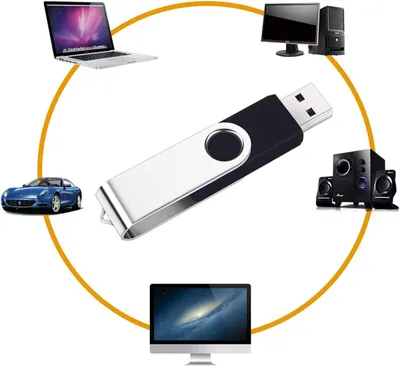 Demonstrates the USB drive's versatility by showing it works with multiple devices including laptops, desktop computers, car audio systems, speakers, and monitors, reassuring shoppers of broad…
