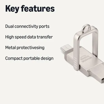 Communicates multiple key selling benefits of the USB drive in a clear, segmented list format to help shoppers quickly understand the product's versatility, performance, durability, and portability.