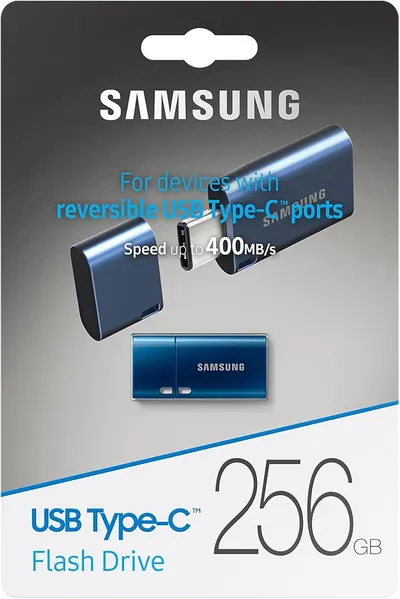 Communicates multiple key product benefits including compatibility with reversible USB Type-C ports, fast transfer speeds, and large storage capacity to help shoppers understand the product's…