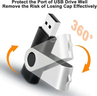 Demonstrates the USB drive's rotating swivel mechanism that eliminates the need for a separate cap, preventing cap loss and protecting the USB port effectively.