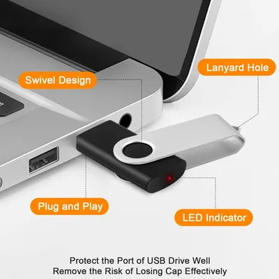 This image breaks down the physical components and design features of the USB drive, highlighting the swivel mechanism, lanyard attachment point, plug-and-play functionality, and LED indicator to…