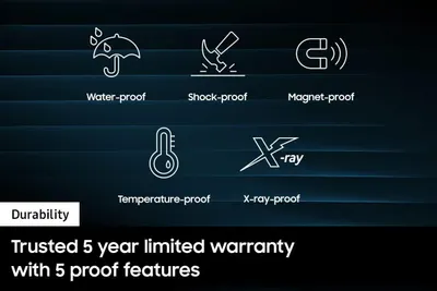 Communicates the product's comprehensive durability and protection features across five distinct proof categories, reinforced by a 5-year warranty to build trust and confidence in the product's…