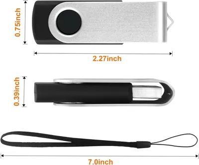 Communicates the exact physical dimensions of the USB drive and included lanyard to help shoppers understand the product's compact, portable size.