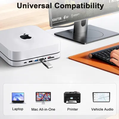 Demonstrates that the product (USB hub/adapter) is compatible with multiple devices including laptops, Mac computers, printers, and vehicle audio systems, reassuring shoppers of its versatility…