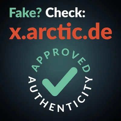 Reassures shoppers that the product is genuine and approved for authenticity by directing them to verify via x.arctic.de, building trust and protecting against counterfeit purchases.