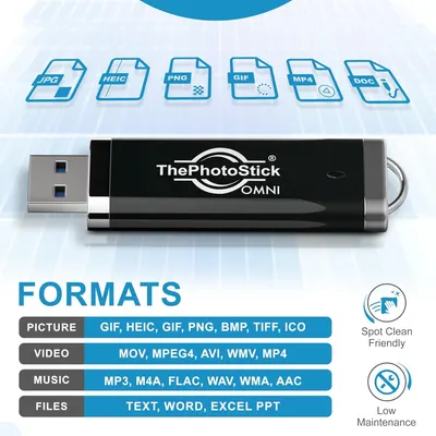 Communicates the USB drive's versatility by showing it supports multiple file formats across pictures, videos, music, and documents, while also highlighting its easy-care features.