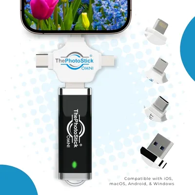 Demonstrates that ThePhotoStick OMNI works across multiple platforms (iOS, macOS, Android, Windows) with various connector types, reassuring shoppers of its universal compatibility.