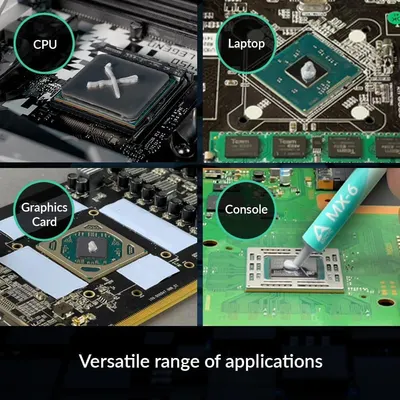 Demonstrates the product's versatility by showing it can be used across multiple hardware applications including desktop CPUs, laptops, graphics cards, and gaming consoles, reassuring shoppers of…