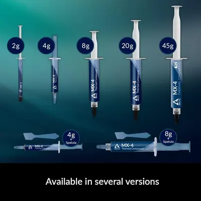 Showcases the brand's complete product lineup of thermal compound in various sizes (2g, 4g, 8g, 20g, 45g) to help shoppers choose the right quantity for their needs.