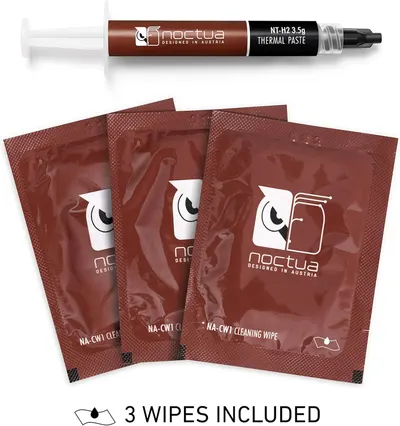 Shows the customer exactly what they receive in the package: one syringe of NT-H2 3.5g thermal paste and three NA-CW1 cleaning wipes, reassuring them of the complete kit contents.