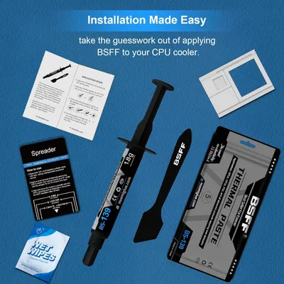 Shows all the items included in the package (thermal paste, spreader, application guide, wet wipes, and installation frames) to reassure shoppers they have everything needed for easy CPU cooler…