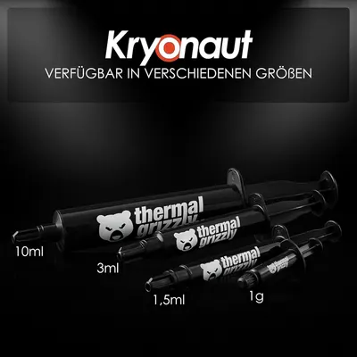 Showcases the Kryonaut thermal paste product line and communicates that it is available in multiple sizes (10ml, 3ml, 1.5ml, 1g) to help shoppers choose the right option for their needs.
