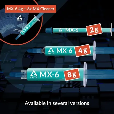 Shows the different size options available in the Arctic MX-6 thermal paste product line to help shoppers choose the right quantity for their needs.