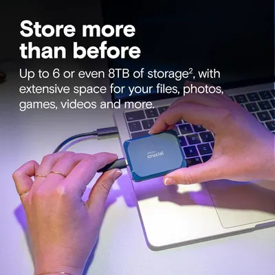 Communicates the impressive storage capacity of up to 6 or 8TB to reassure shoppers they can store extensive amounts of files, photos, games, and videos. Shows the product being used in a realistic…