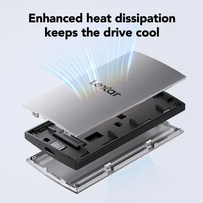 Demonstrates the internal layered construction of the drive and highlights the enhanced heat dissipation feature that keeps the drive cool during operation. Communicates the key benefit of enhanced…