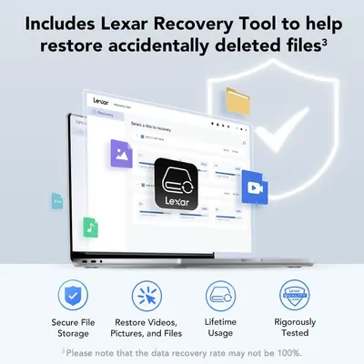 Communicates that the product includes Lexar Recovery Tool software to restore accidentally deleted files, adding value and reassurance to the purchase. Highlights multiple key benefits of the…